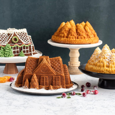 Gingerbread House Bundt® cakes with Pine Forest Bundt® cakes
