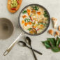 3 Qt Sauce Pan, pasta, overhead, with spoons, bowls and veggies on countertop