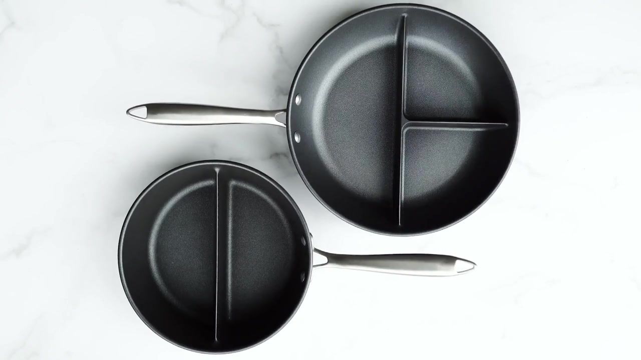 A divided skillet that lets you cook two single-serving dishes while only  dirtying one dish.