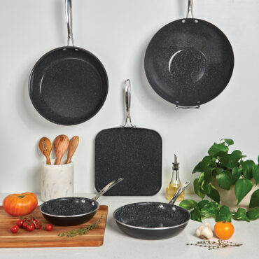 Image of Basalt 5 Piece set displayed on countertop with ingredients and utensils