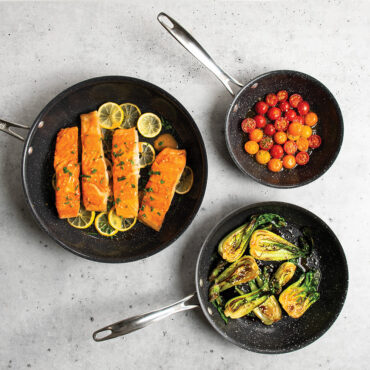 Overhead image of Basalt 3 Piece set displayed on countertop with food