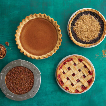 Baked pie group image showing 4 different flavors and sizes