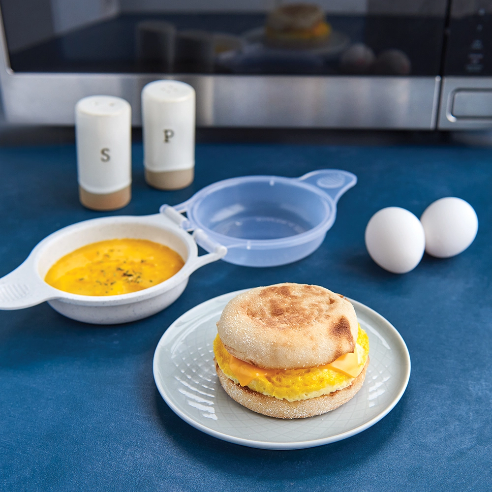 Image of Egg and Muffin Breakfast Sandwich made in Nordic Ware's Microwave Egg N Muffin Pan