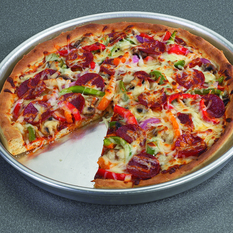 A deep dish Supreme pizza cooked in a Naturals 14 inch Deep Dish Pizza Pan. The pizza has cheese, pepperoni, peppers, red onions, and mushrooms on top of it.