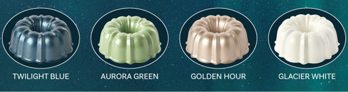 Images of formed Bundt Pans in all four different colors offered in the Northern Lights Bakeware collection. Twilight Blue, Aurora Green, Golden hour, and Glacier White. 