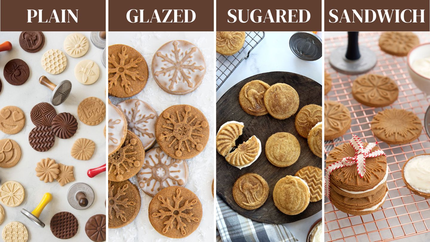 Four image collage of of ways to decorate stamped cookies