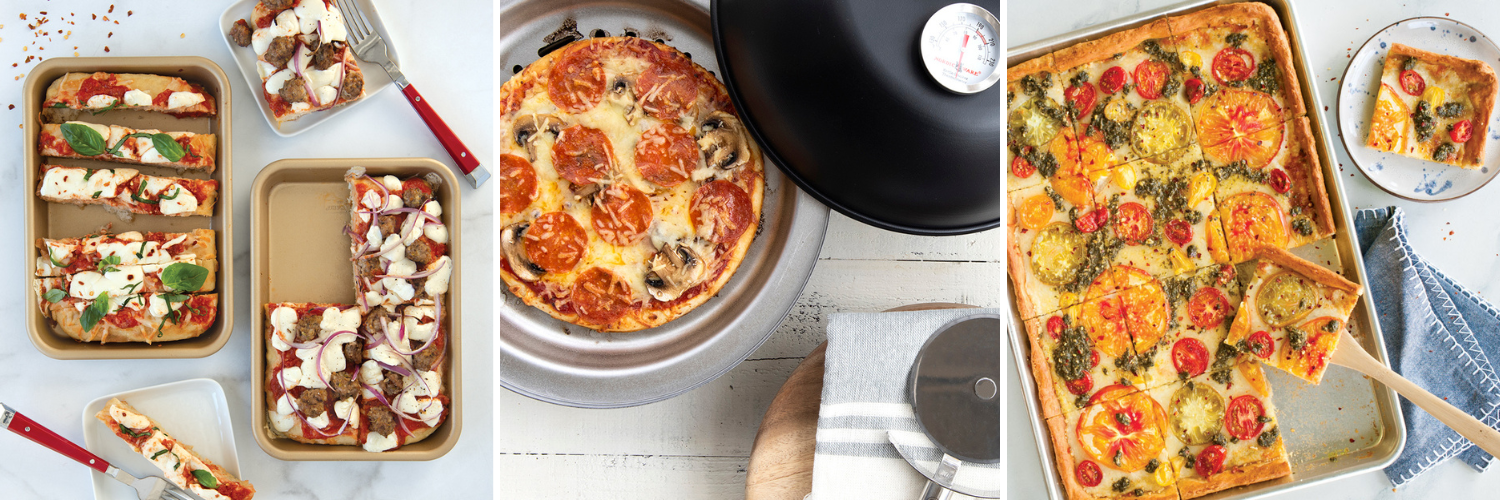 Three different pizza recipe images that weren't made in pizza specific pans. The first image features personal sized sheet pan focaccia pizzas made in Non-Stick Eighth Sheet Pans. The second image features a pepperoni wood-fired smoked pizza made in the Personal Size Stovetop Kettle Smoker. The third image features a sheet pan tomato and pesto pizza made in a Naturals® Baker's Half Sheet. 