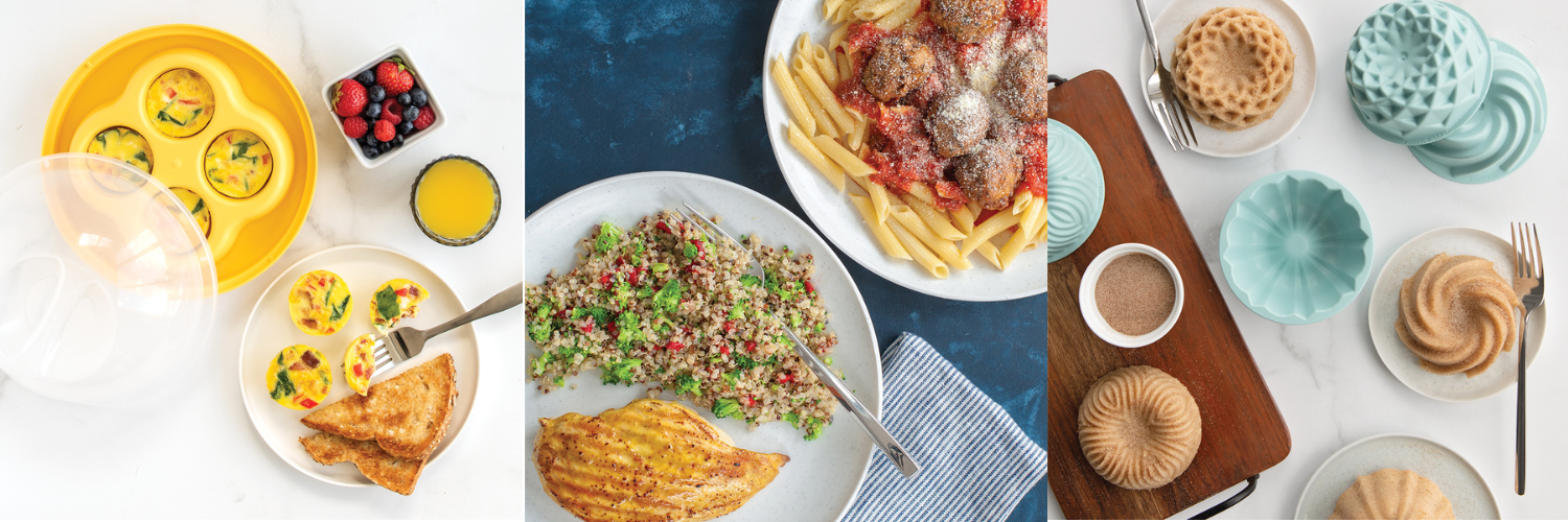 Collection of featured microware products. Image on the left is an overhead of the microwave egg bites pan filled with cooked eggs bites next to a bowl of berries, a glass of orange juice, and a plate of already served egg bites with toast. The middle image is of the microwave plates that come in a set of four. This image shows a plate of spaghetti and meatballs and another plate with a quinoa salad and chicken breast. The image on the right features of the micro mini Bundt set of four with all four designs spread out across a table with some baked mini Bundts on plates surrounding them.