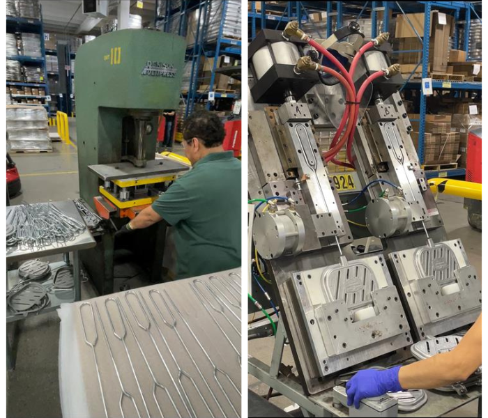 Two images. The image on the left is a behind the scenes photo of the machine that bends the handle of the Campfire Griller before it is inserted into the base. The image on the right is a behind the scenes photo of the machine that injects the handles of the Campfire Griller into both sides of the cast aluminum grill base simultaneously. 