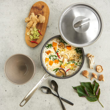 3QT Sauce Pan with Lid, Soup, cutting board with veggies, bowl, spoons, mushrooms