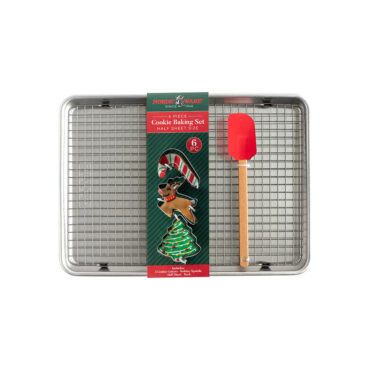 Half Sheet with oven-safe grid, cookie cutters, and spatula, in packaging, front, white sweep