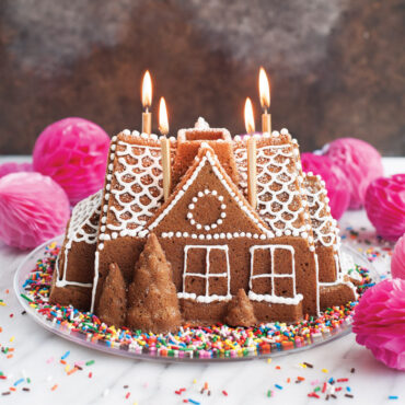 Birthday celebration cake of Gingerbread House Bundt® Pan