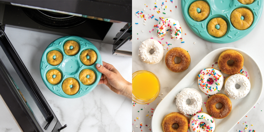 Two images. The Image on the left is a hand putting the microwave donuts in the Donut Bites Pan into a microwave. The image on the right is the baked micro donuts on a white plate next to the Donut Bites Pan that is full with additional baked donuts. The donuts on the white plate are decorated with cinnamon sugar or frosting and sprinkles. 