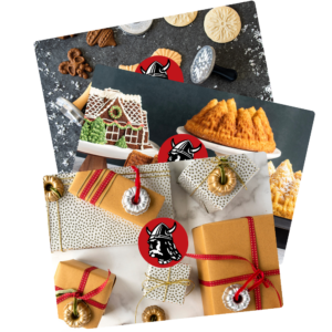 Three Nordic Ware gift cards featuring images of cookie stamps, holiday Bundt cakes, and holiday gifts with ribbon and Bundt ornaments on them stacked on top of each other. 