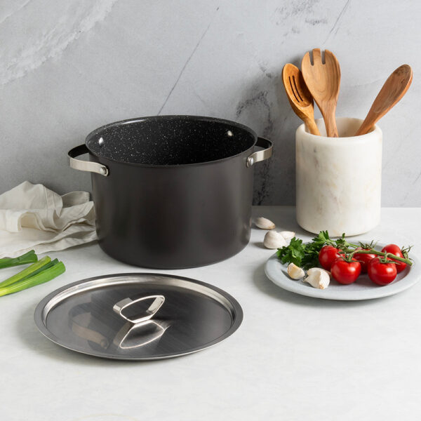 Verde 8 Qt Stock Pot with lid lifestyle scene, plated tomatoes, wooden utensils