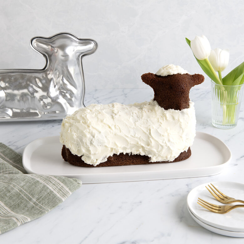  Image of baked chocolate lamb cake with buttercream frosting decoration