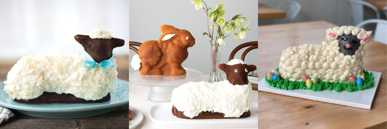 Collage of 3 images of baked and decorated lamb cakes
