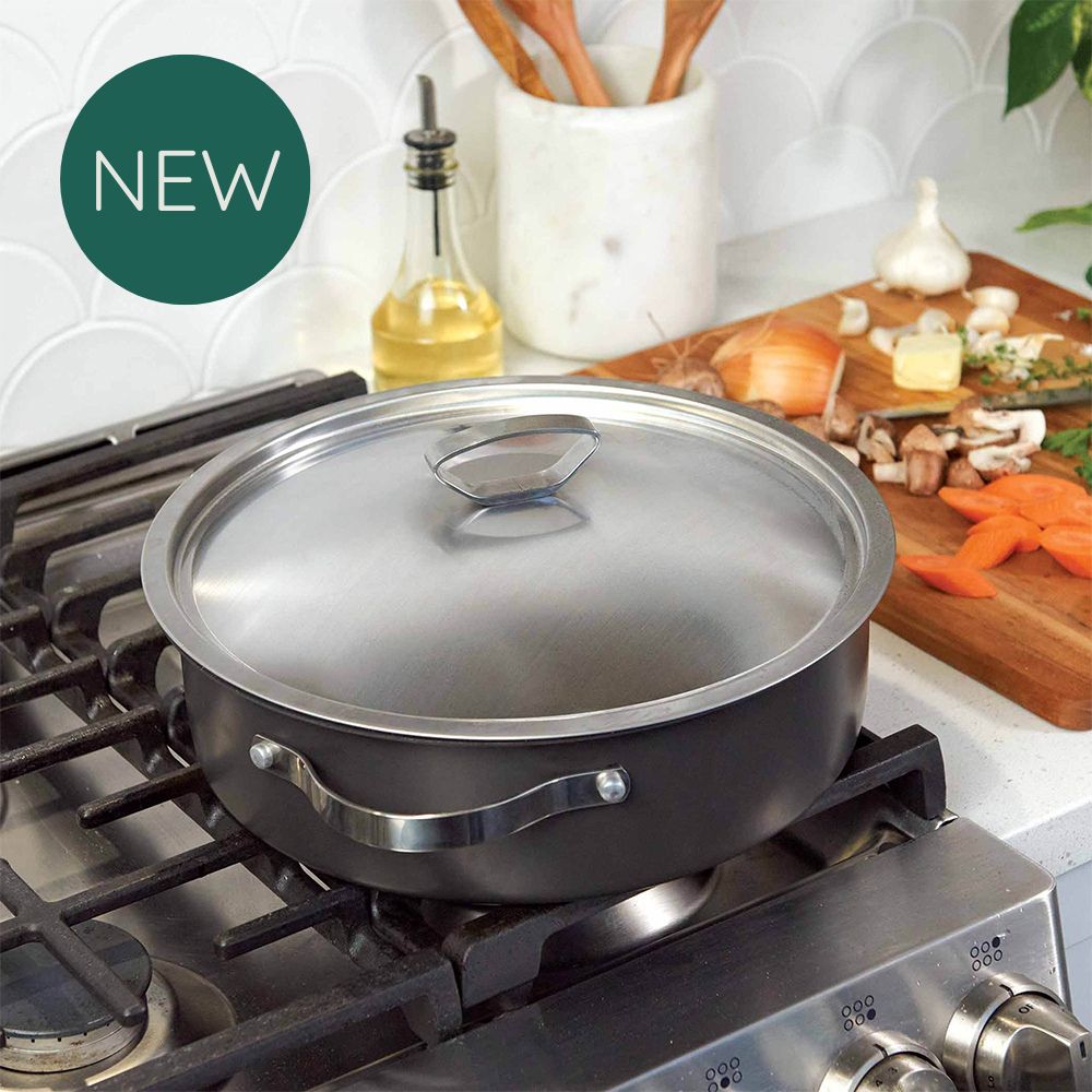 Image of Verde Braiser Pan with Lid on stovetop with New Callout